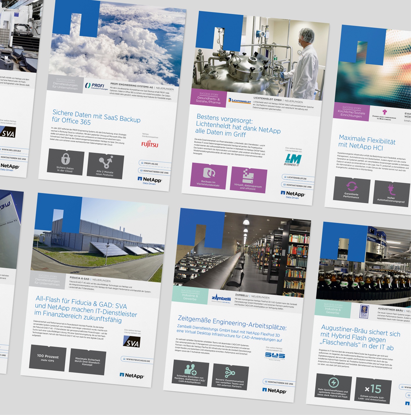 NetApp - Case Studies/Kundenreferenzen: Auftrage über Akime Media, Regelmäßige Case Studies – 4-seitig, Vorlage, Template und Umsetzung des Newsletters, deutsch oder englisch