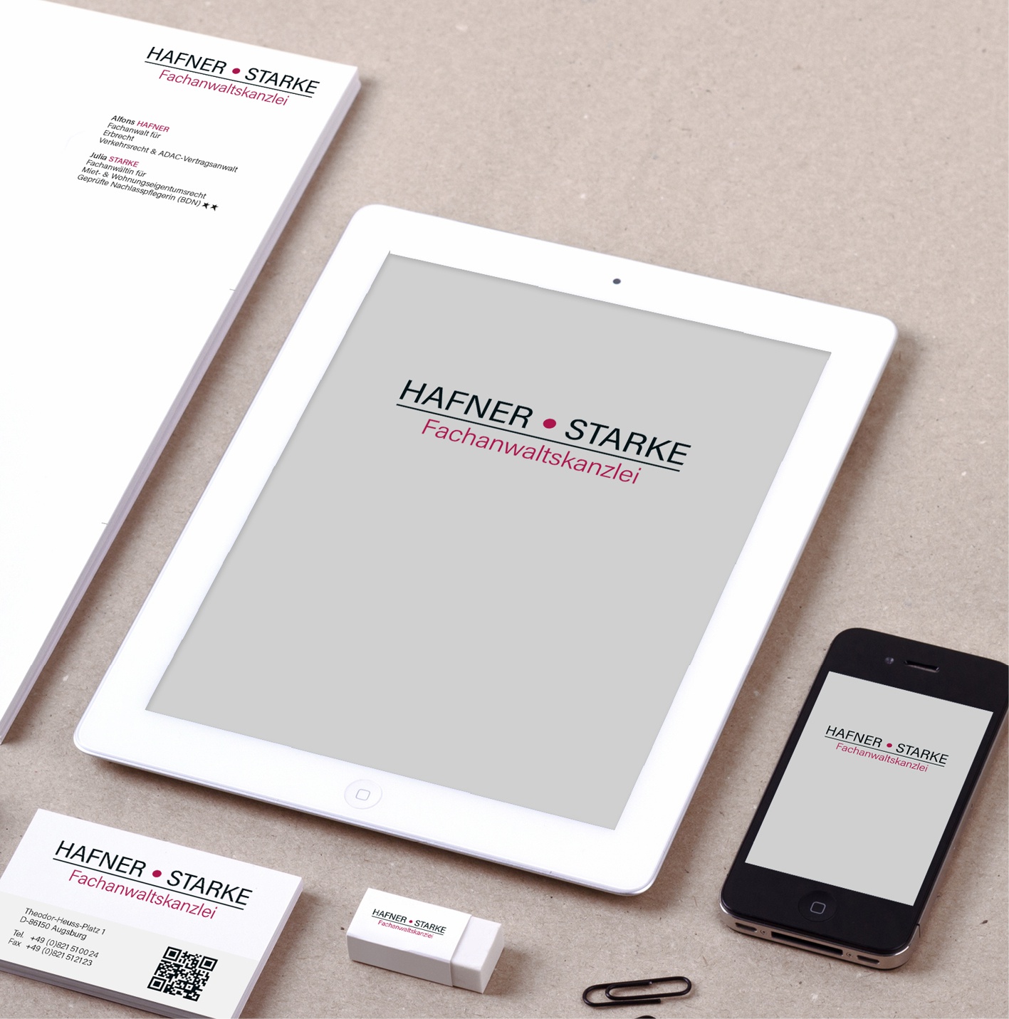 Hafner Starke | Fachanwaltskanzlei: Redesign Logo, Neu-Anpassung und Überarbeitung des Corporate Design, Briefpapier und Wordvorlagen, Visitenkarte, Firmenschild, Ideengebung Website