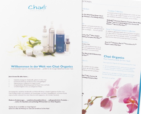 Chaé Naturkosmetik: Corporate Design, Unternehmenskommunikation, Produktflyer, Ettiketten und Labels für Produkte, Preissheets, Produktbeschreibung, Bildbearbeitung, Reinzeichnung, Layout, Druckausgabe