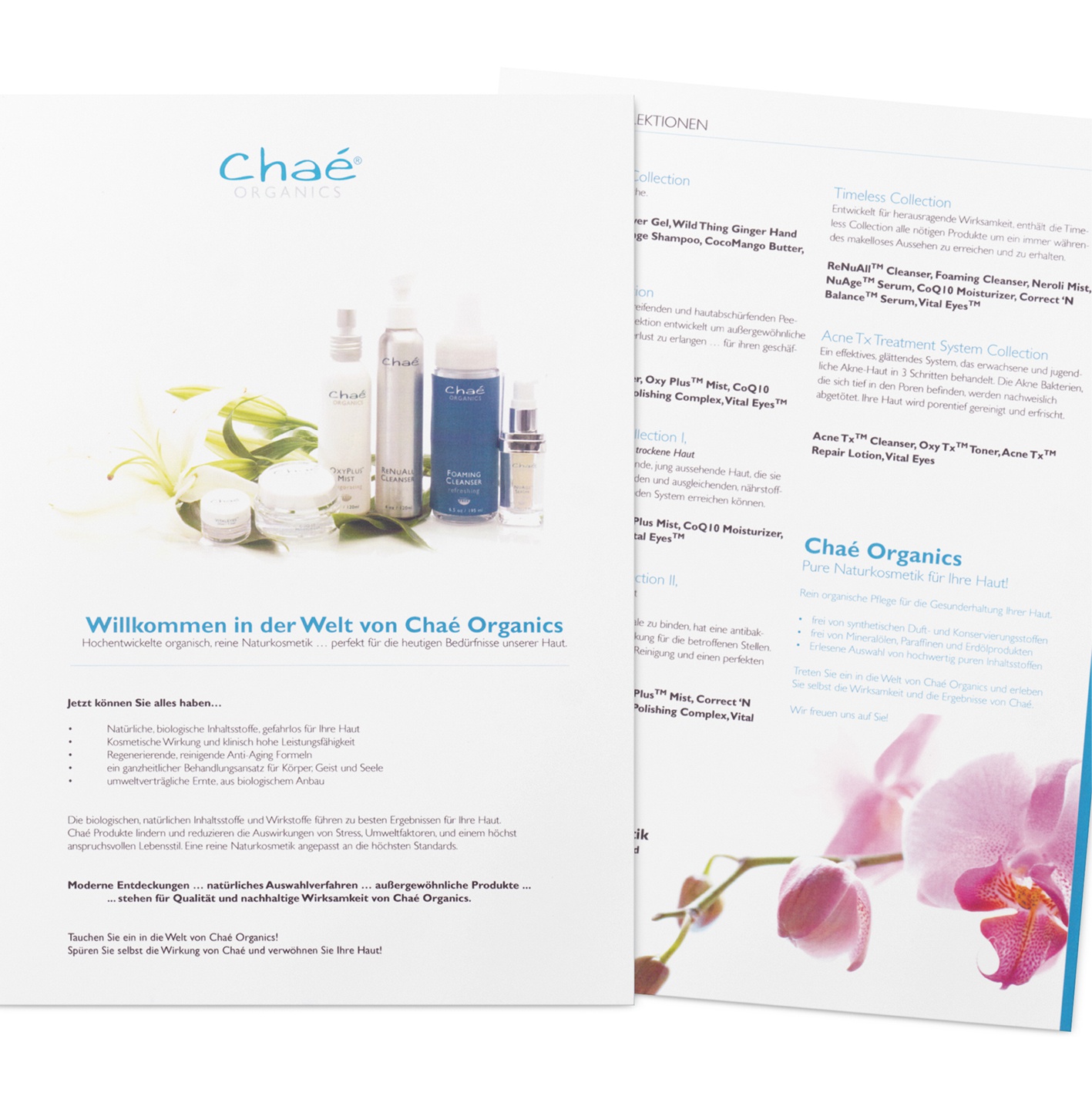 Chaé Naturkosmetik: Corporate Design, Unternehmenskommunikation, Produktflyer, Ettiketten und Labels für Produkte, Preissheets, Produktbeschreibung, Bildbearbeitung, Reinzeichnung, Layout, Druckausgabe