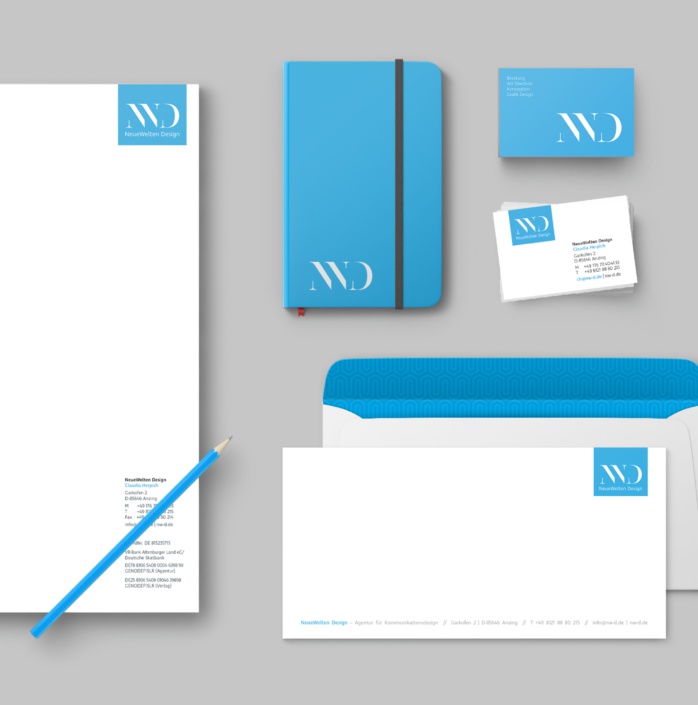 NeueWelten Design: Eigenes Redesign, Logo-Neuentwicklung, Geschäftsausstattung: Visitenkarten, Briefpapier, unterschiedliche Grußkarten, Newsletter, Kartendesign, Website