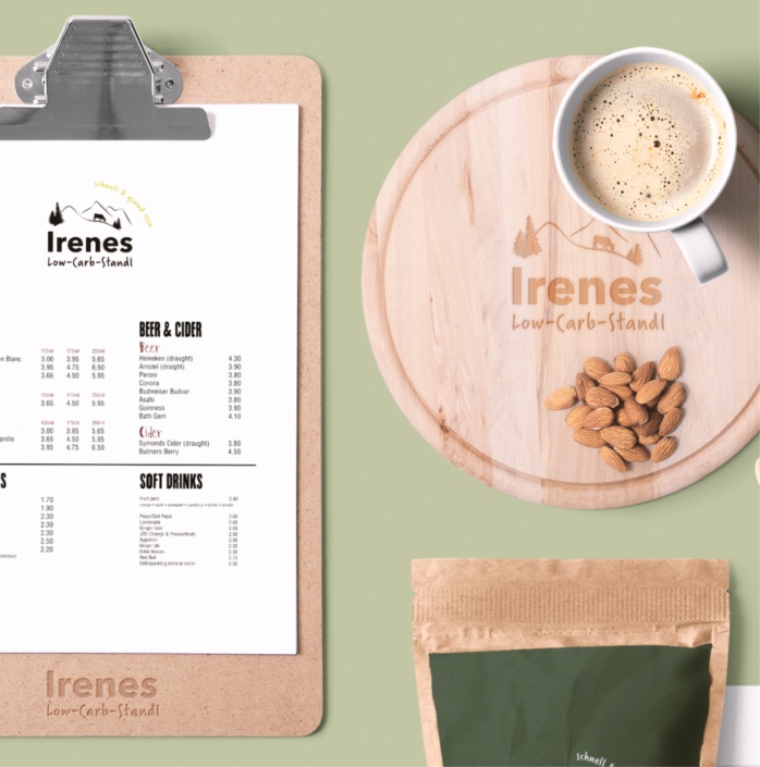 Irenes LowCarb Standl – Corporate Design: Corporate Design – Neuentwicklung Logo, Corporate Design-Guidelines, Geschäftsausstattung, PPT-Master, Schilder, Aufkleber, Idee-Entwicklung zu Verpackungsformen und Logoverwendung, Gestaltung Imbiss-Wagen