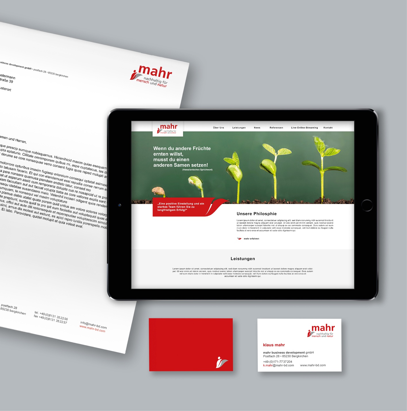 mahr business development GmbH – Corporate Design: mahr business developement – Corporate Design, Redesign Logo, Geschäftsausstattung inkl. Wordvorlagen, Website, Konzept zur Logoverwendung und Give aways