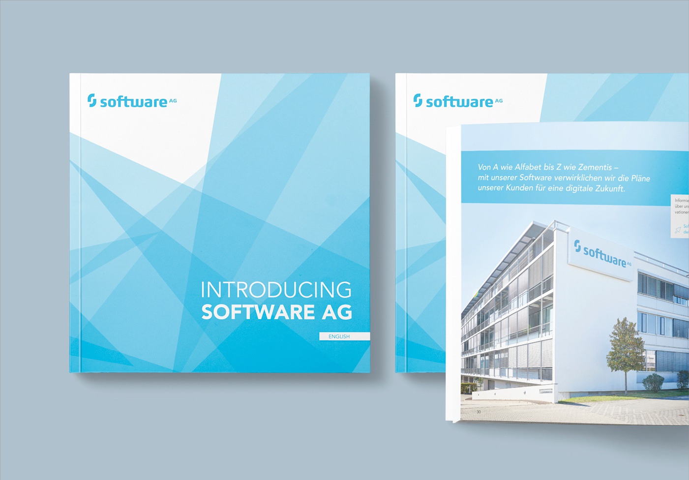 Software AG: Imagebroschüre in Deutsch und Englisch, Konzeption: Covergestaltung, Layout, Umsetzung, Infografiken, Bildbearbeitung, Reinzeichnung und Druckausgabe