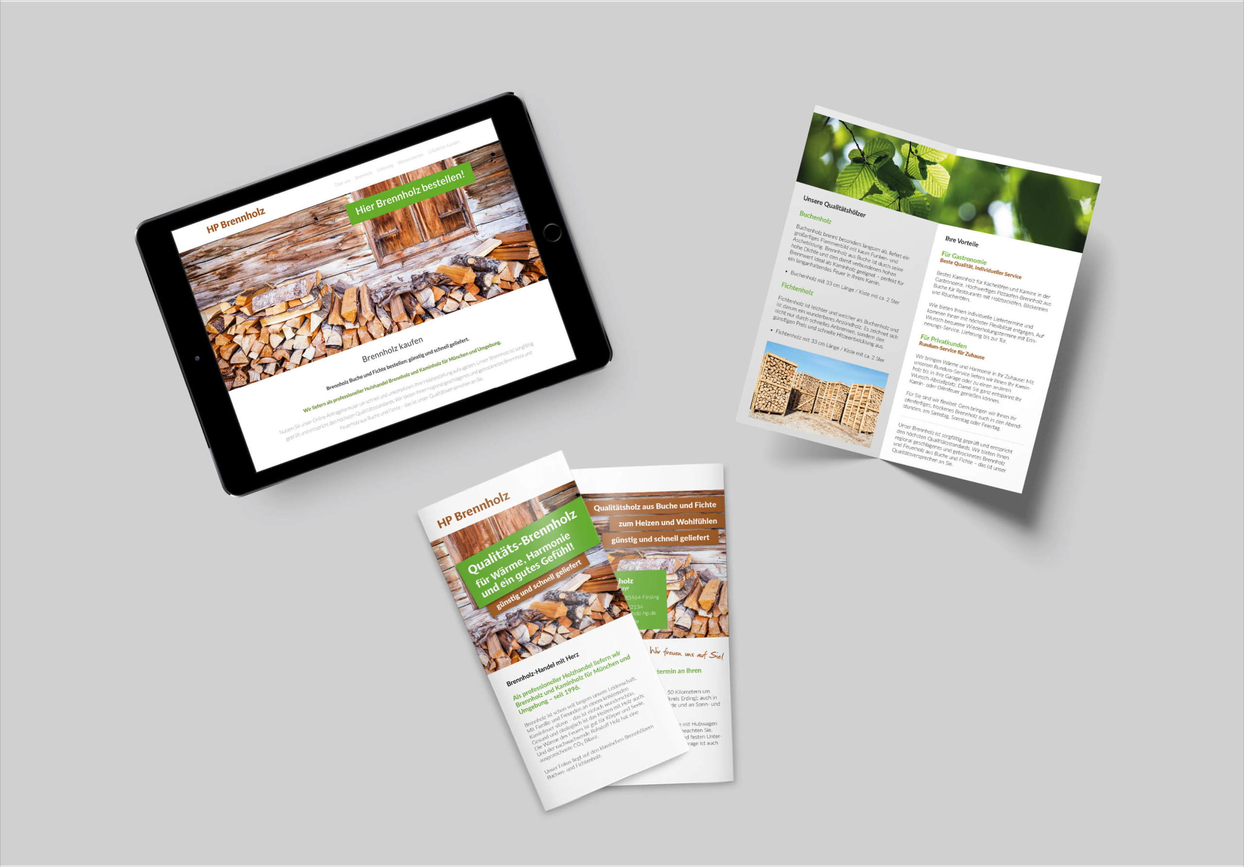 Corporate Design – HP Brennholz: Flyer und Tablet mit Website Darstellung