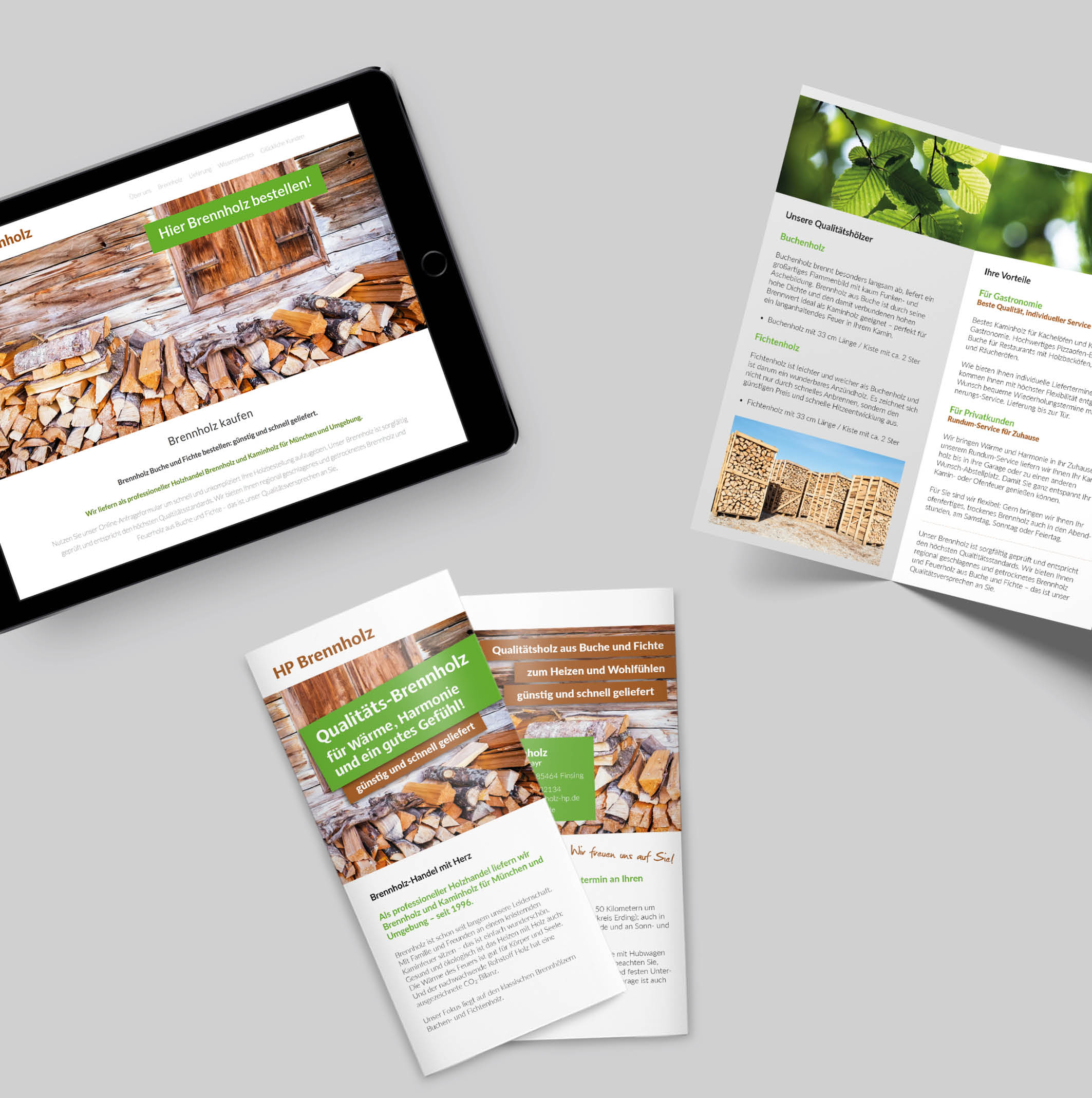 Corporate Design – HP Brennholz: Flyer und Tablet mit Website Darstellung