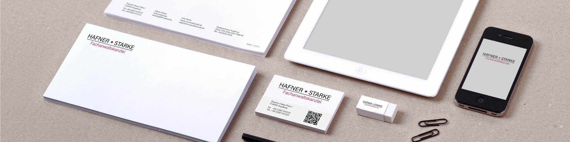 Hafner Starke | Fachanwaltskanzlei: Redesign Logo, Neu-Anpassung und Überarbeitung des Corporate Design, Briefpapier und Wordvorlagen, Visitenkarte, Firmenschild, Ideengebung Website