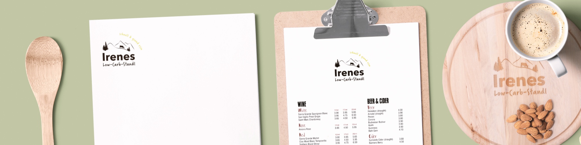 Irenes LowCarb Standl: Neuentwicklung Logo, Corporate Design-Guidelines, Geschäftsausstattung, Powerpoint-Master, Schilder,Visitenkarten, Aufkleber, Idee-Entwicklung zu Verpackungsformen und Logoverwendung, Gestaltung Imbiss-Wagen