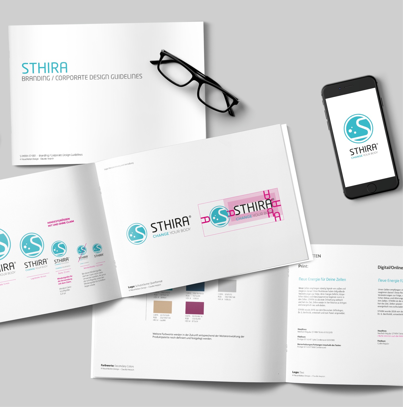 Sthira: Corporate Design – Neuentwicklung, Logo, Geschäftsausstattung, Imageflyer, Roll-up, Beipackzettel, Anzeigenkampagne mit eigens entwickelter Icongalerie, PPT-Master