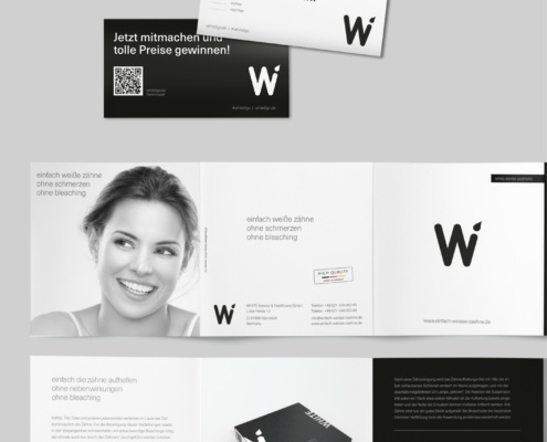 White: Corporate Design Umsetzung, Visitenkaren, Aktionsflyer, Imageflyer, Advertorials, Konzeption und Entwicklung: farbechte Farbkarte, Fotografie, Bildbearbeitung, Farbbestimmung, Reinzeichnung, online und gedruckt,